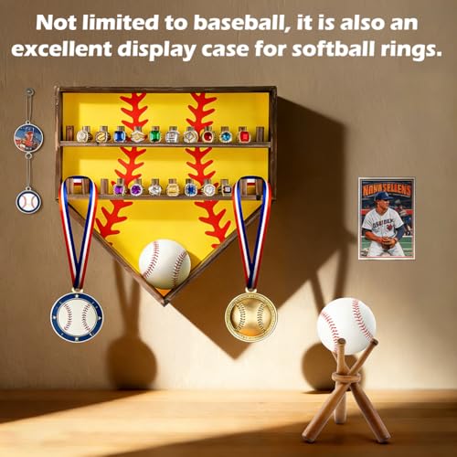 Wooden Championship Ring Display Case for 24 Rings with Medal Hooks | Wall Mounted Wood Ring Holder, Fits Most Ring Sizes, Includes Medal Hooks and Baseball Stand, For Sports Awards Room Decor