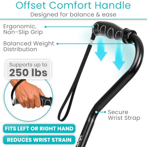 Vive Walking Cane for Women, Men, Elderly - Patented Offset Grip - Lightweight Adjustable Walking Aid with a Non-Slip Tip - Sturdy Balancing Mobility Aid for Seniors - color: Black