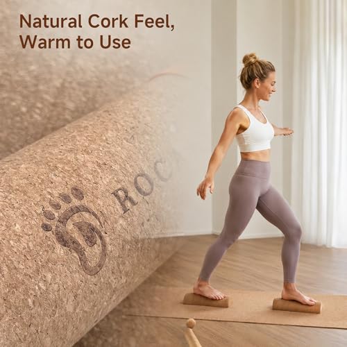 Rocalt Cork Balance Board, Foot and Ankle Strengthener Kit | 4-in-1 set with roller, ball, toe bands and guide, 12 x 4 x 4 in cork build, for runners, yoga and mobility