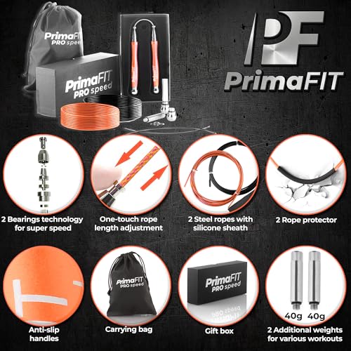 PrimaFIT Pro Speed Jump Rope for Adults, Weighted Skipping Rope for Boxing | Adjustable Jumping Rope for Fitness Workout & CrossFit Exercise, Double Unders, Handle Weights, 3m Cables 2 Protectors, Bag - color: Orange