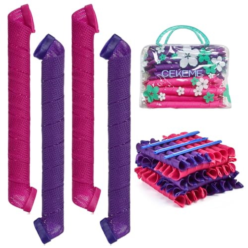 40pcs Heatless Spiral Hair Rollers with Styling Hooks, 22inch/55cm, No Heat Damage, DIY Kit for Long & Medium Hair - color: Purple&Red
