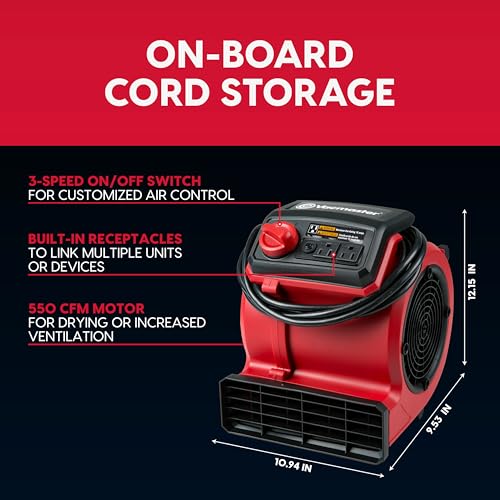 Vacmaster 3 Speed Floor Fan 156W 550CFM Air Mover Utility Blower Fan – AM201 1101 - color: Red