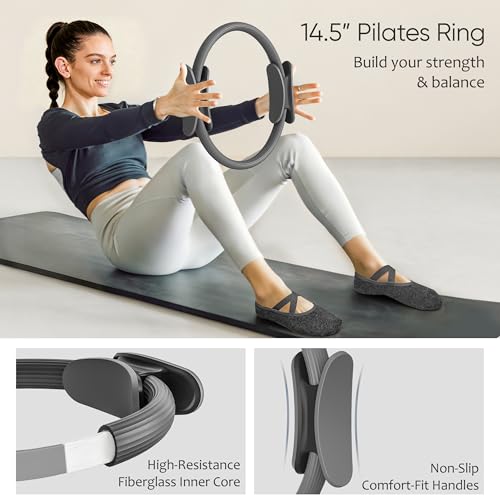 NANATI Pilates Kit, Home Pilates Workout Kit for Women, Pilates Equipment with 14.5" Pilates Ring and Ball, Resistance Bands, Ankle Weights, Sliders & Grip Socks for Home Workouts - color: New Grey