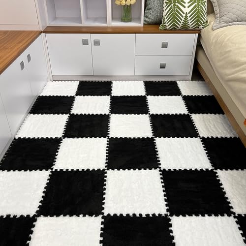12pcs Carpet Squares Puzzle Floor Mat, Plush Interlocking Carpet Tiles, Anti Slip EVA Foam Jigsaw Floor Tiles, Build A Safe Area for Bedroom Playroom (White+Black) - color: White+black