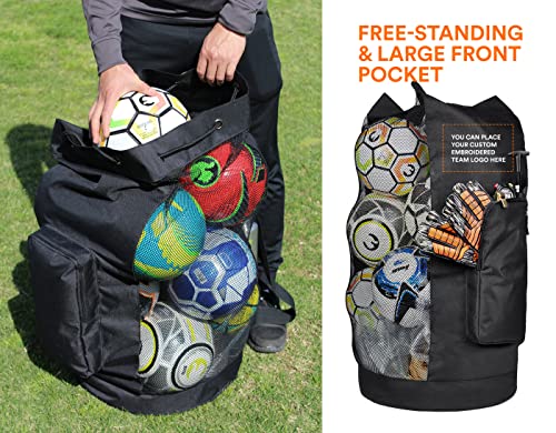Fitdom Heavy Duty XL Soccer Mesh Equipment Ball Bag w/Adjustable Shoulder Strap Design for Coach. with an Over-Sized Front Pocket for Sporting Accessories. Best for All Outdoor & Water Gears - color: Black / Black