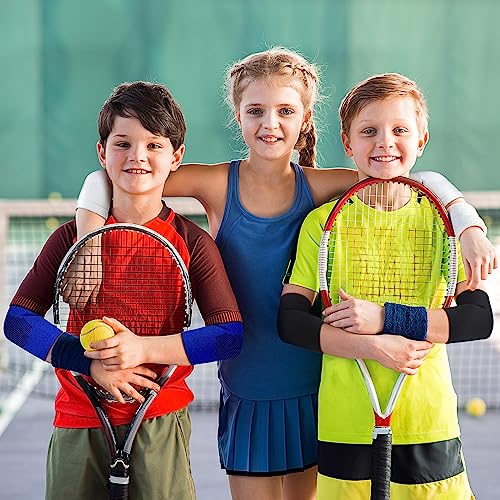 Lenwen 4 Pairs Kids Elbow Brace Compression Arm Elbow Sleeve Knit Guard Gym Protectors for Boys Teen Children Girls Basketball Volleyball Tennis Cycling(8-12 Years,Black, White, Blue, Gray) - color: Black, White, Blue, Gray, size: 8-12 Years