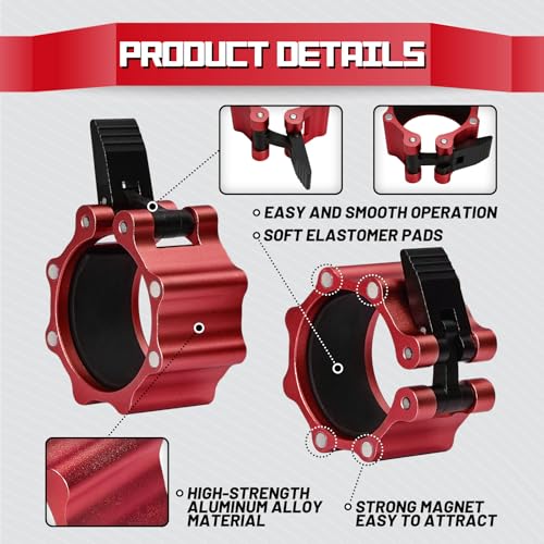 RitFit 2-Inch Magnetic Barbell Collars Locking Clamps - Heavy Duty Aluminum Alloy, Quick Release with Non-Slip TPR Pads for Olympic Weightlifting Powerlifting Training (Pair) - color: Red