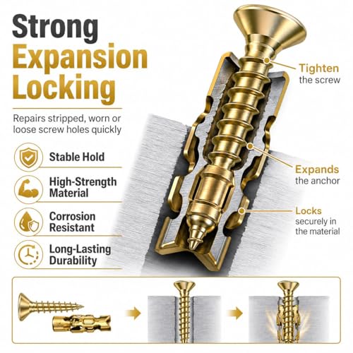 30PCS Hinge Repair Screw, 6×14mm Expansion Anchor Kit Door Hinge Thread Repair for Stripped Holes, Secure Cabinet Door Fastening with Expansion Anchors for Wood, Heavy-Duty Repair Screws