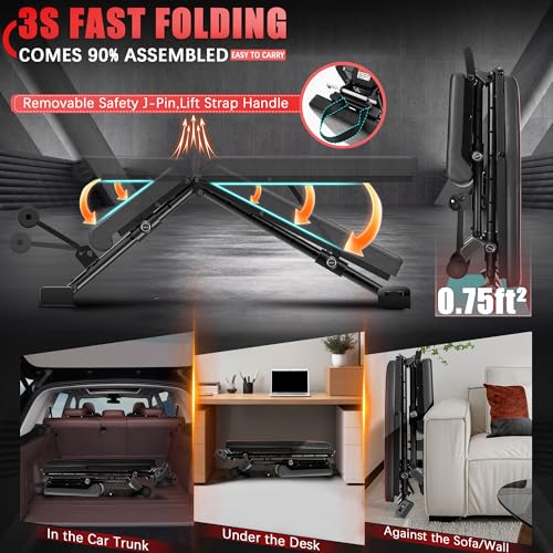 OPPSDECOR Fitness Weight Bench, 900LBS Adjustable Incline/Decline/Flat Bench with Quick Folding & Setup, Strength Training Bench Press Bench for Home Gym Full Body Workout
