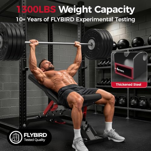 FLYBIRD WB7 Weight Bench, 1300LBS Commercial Adjustable Weight Bench, Workout Bench for Home Gym, Flat Incline Bench Press Heavy Duty Bench with 34'' Extra-Long Backrest and Easy-Roll Wheels - color: Black