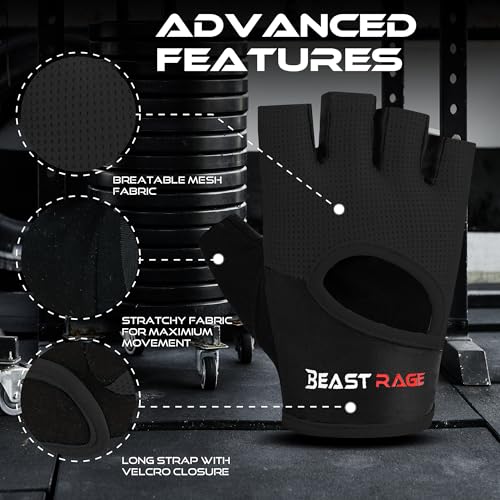 BEAST RAGE Workout Gloves for Men & Women - Fingerless Gym Gloves with Palm Protection, Breathable & Lightweight for Weightlifting, Cycling & Pull Up - color: Black, size: Large