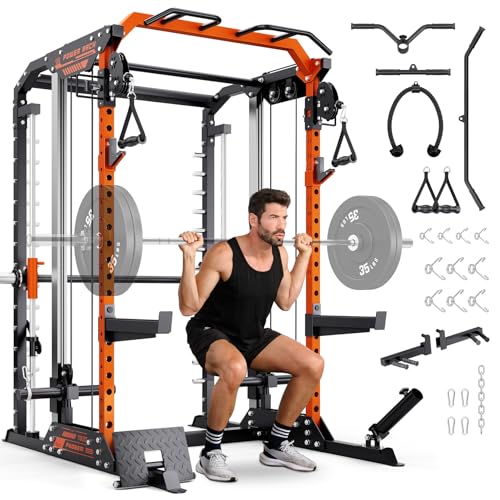 YOLEO Smith Machine & Squat Rack Combo, Multi-Functional Power Racks with Adjustable Width & Pull-Up Bar, Cable Crossover Power Cage, Independent Dual-Pulley System for Home Gym Garage Basement - style: 1700LBS Basic Smith Machine