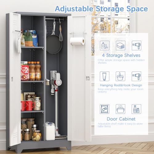 IRONFFICE Metal Garage Storage Cabinets,Broom Closet Storage Cabinet with Doors and Shelves,Tall Utility Closet Cabinet with Pegboard,Laundry Cabinet for Garage,Warehouse,Home,Basement,Grey-White - size: 15.74"D x 23.62"W x 65"H-Grey/white