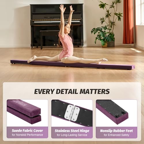 ZELUS 8' Folding Gymnastics Balance Beam, Floor Balance Beam w/Carry Handles Anti-Slip Base for Kids, Beginners & Professional Gymnasts - color: Purple