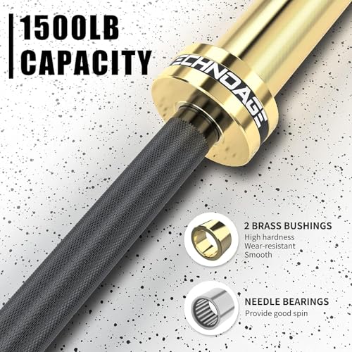 TECHNOAGE 7ft Olympic Barbell 45LB – 1500LB Capacity Weightlifting Bar with Needle Bearings & 28mm Knurled Grip, Powerlifting Strength Bar for Squat Bench Deadlift, Home Gym Olympic Weight Bar - color: Gold-1500LB MAX