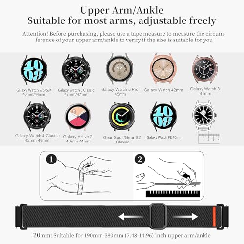 20mm Nylon Sport Ankle/Arm Band Compatibel with Galaxy Watch 7/6/5/4/FE 44mm 40mm/Watch 5 Pro/ 6 Classic 47mm 43mm/ 4 Classic Strap,Elastic Oberarmband Bicep Band for Women Men - color: Black