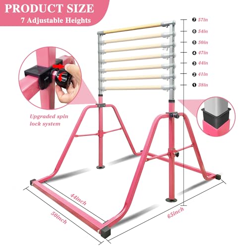 Foldable & Moveable Gymnastics Horizontal Bar with Rings,3’to 5’Adjustable Height Expandable Junior Kip Bar for Home,Indoor Gym Equipment for Kids - style: Foldable Light Pink with Rings