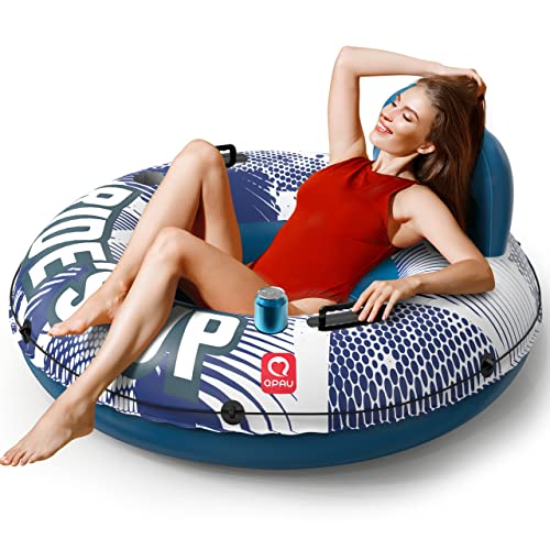 QPAU Inflatable River Tube, 0.4 mm Thickened Puncture-Resistant Heavy Duty River Float, River Raft with Ergonomic Backrest, Mesh Bottom & 2 Cup Holders for Adults and Friends Lake Float - color: A-Dark Blue 02
