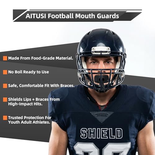 4-Pack Football Mouth Guards with Case for Youth & Adult, Permanent Strap | No Boil Ready to Use, Fits Braces, Breathable Lip Protector Mouthpiece for Football Players (Black/White/Blue/Green)