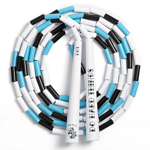 Elite Jumps Edge Beaded Adjustable Jump Rope, Do Hard Things | Tangle-free 1-inch shatterproof beads. Long edge handles. Adjustable for all ages. - color: White/White-Blue-Black