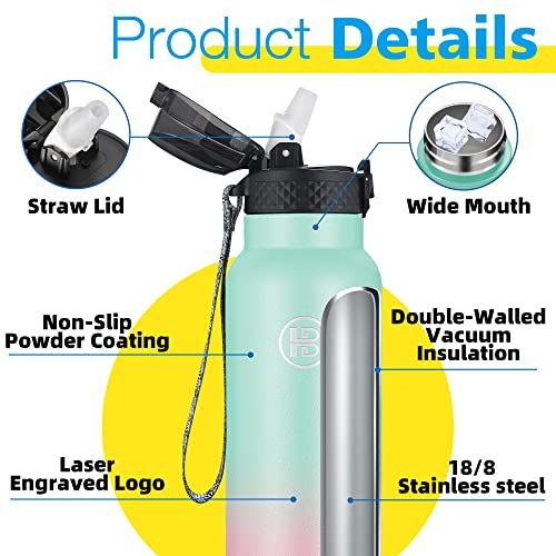 Han's Bottle Sports Water Bottle - 32 Oz, Straw Lid, Leak Proof, Vacuum Insulated Stainless Steel, Double Walled, Thermo Mug,Bubble Gum - color: Bubble Gum, size: 32 Ounces