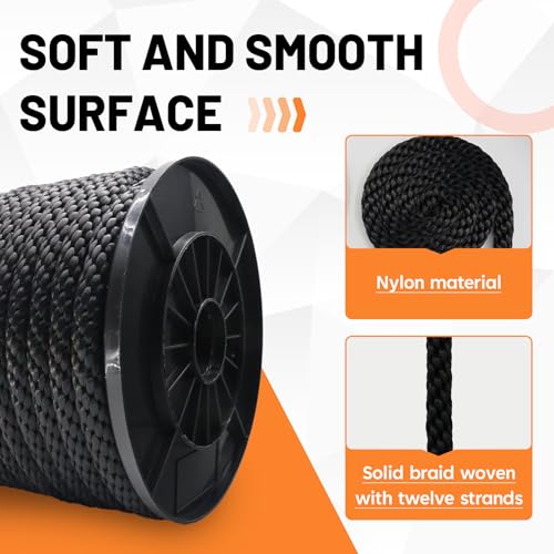 SDHUATUO 1/2 Inch Nylon Solid Braided Rope, 100FT Polyester Cord, Black | 2860 lbs, UV Resistant & Wearproof, Soft Flexible Rope for Swings, Camping Tent, Flagpole, Marine and Outdoor Twine, Boating - color: Black, size: 1/2''-100ft