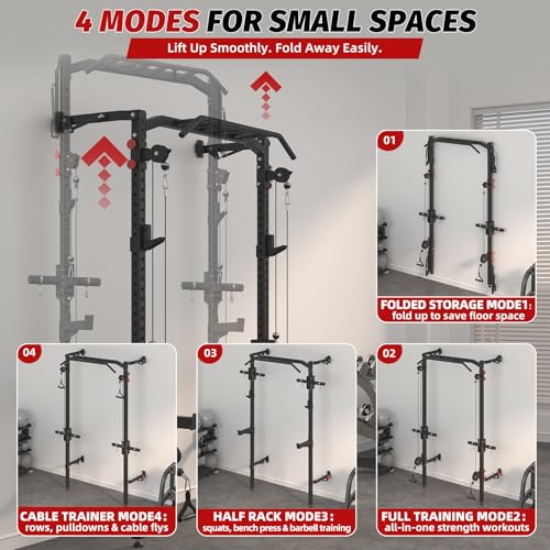 Wall Mounted Power Rack with Cable Crossover Machine, Foldable Squat Rack with Dual Pulley System, Pull Up Bar & J Hooks, 800 LB Capacity Space Saving Home Gym Strength Training Equipment