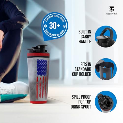 Ice Shaker Insulated Stainless Steel Shaker Bottle | 26oz, American Flag | Cold for 30+ Hours | Insulated Cup with Twist-on Agitator | Odor-Free Shaker Cup for Protein Shakes, Smoothies, Cocktails - color: American Flag