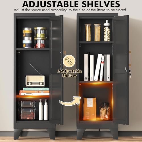 46" H Metal Locker Cabinet, Small Locker with Door and 2 Adjustable Shelf | Locker Cabinet with Adjustable Leveling Feet for Home, Bedroom, Office,Gym Assembly Required - color: 46" H Black