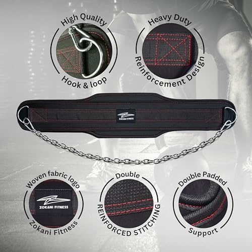 Hold weights up to 800lbs Zokani Dip Belt with Chain for Heavy Weightlifting Exercises ,Squats, deadlifts, pull Up Weight Belt, Dipping Belt, Men and Women Training Strength Dip Weightlifting Belt (Black)