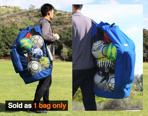 Fitdom Heavy Duty XL Soccer Mesh Equipment Ball Bag w/Adjustable Shoulder Strap Design for Coach. with an Over-Sized Front Pocket for Sporting Accessories. Best for All Outdoor & Water Gears - color: Blue / Black