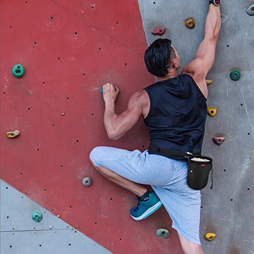 Rhino Valley Climbing Chalk Bag, No Leak Drawstring Chalk Bag with Adjustable Belt, Carabiner Clip and Zippered Pockets Chalk Bag for Rock Climbing, Cross Fit, Weight Lifting & More - color: Black