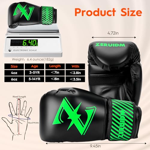 Kids Boxing Gloves 6 oz Youth Training Sparring Gloves for 3–12, Leather Ventilated Mesh, Boys Girls Junior Punching Gloves for PunchBag Focus Pads MMA Muay Thai Kickboxing - color: Green
