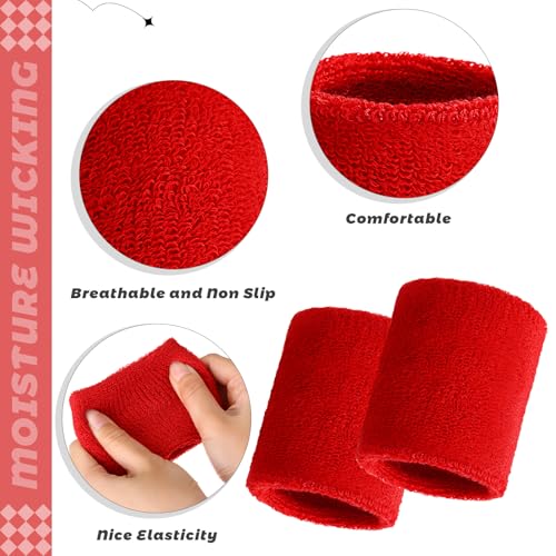 Bememo 24 Pcs Wrist Sweatbands Bulk Sports Wrist Bands for Men Women Breathable Athletic Tennis Wristbands Stretchy Absorbent Cotton Terry for Basketball, Baseball, Gym, Working Out - color: Red