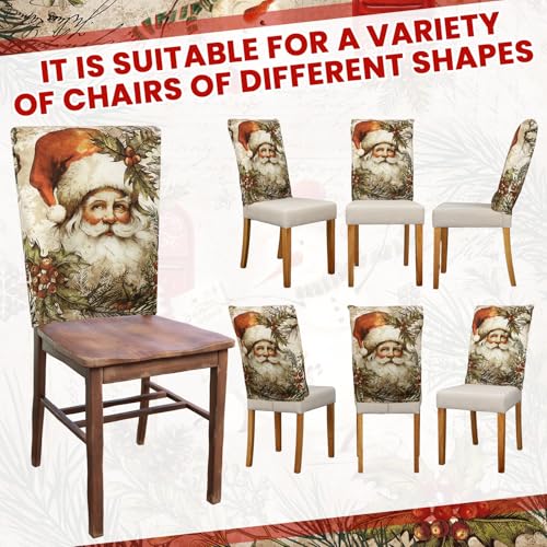 Moukeren 6 Pcs Christmas Chair Cover Set Stretch Dining Chair Back Covers Vintage Christmas Santa Claus Elk Slipcovers Farmhouse Removable Elastic Seat Protector for Xmas Party Kitchen Home Decor - style: Modern