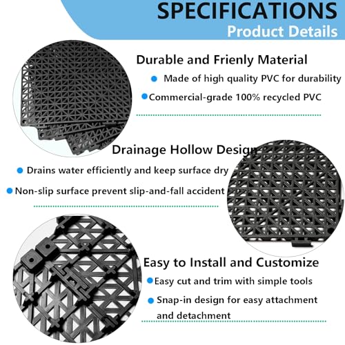 12” x 12” Drainage Interlocking Floor Tiles, 12 Pack Non-Slip Pool Deck Drain Mats for Flooring, Soft PVC Splicing Modular Cushion Mats, Rubber Floor Tiles with Holes for Shower Basement Garage Shed - size: Black