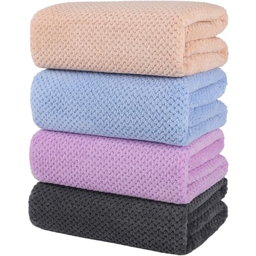 4 Pack Bath Towel Set, Lightweight Waffle Bath Towel Set, Microfiber Super Soft Highly Absorbent, Sturdy Quick Drying Towels for Bathroom, Gym, SPA, Yoga (4 Pack) - color: 1grey+1purple+1blue+1lightpink, size: 27 x 55 Inch