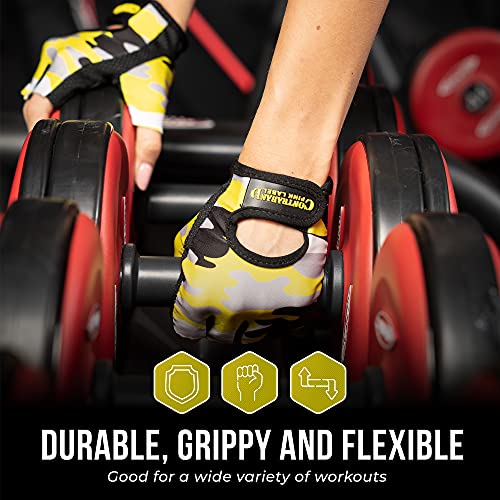Contraband Pink Label 5217 Women's Design Series Camo Print Lifting and Rowing Gloves (Pair) - Lightweight Vegan Medium Padded Microfiber Amara Leather w/Griplock Silicone - color: Yellow, size: X-Small