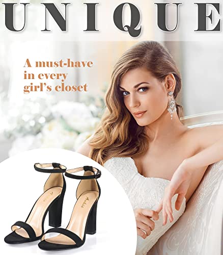 Ankis White Heels Wedding Shoes for Bride Women Chunky Heels Pearl High Heels Heeled Sandals 4 Inch - color: Black Suede, size: 6