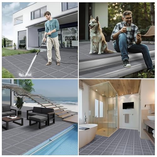 50 PCS Modular Interlocking Cushion Interlocking Floor Tiles with Hole Drainage Mat 10" x 10" Non Slip Pool Deck Mat Outdoor for Drain Deck Pool Patio Shower Kitchen Balcony (Grey) - color: Grey