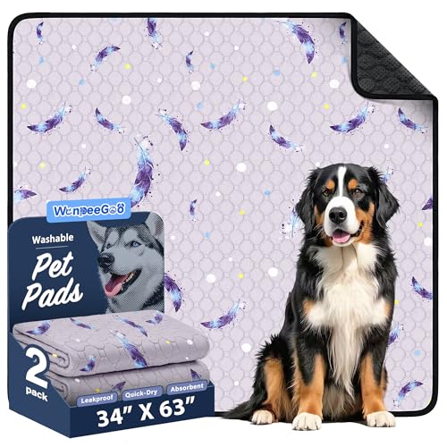 Washable Dog Pee Pads, Non-Slip Waterproof, 34 x 63 in, 2 Pack, Feather | Super absorbent, waterproof and non-slip; washable, reusable dog pads for crates, playpens, floors, furniture and travel - color: Feather Pattern, size: 34"x63"(Pack of 2)