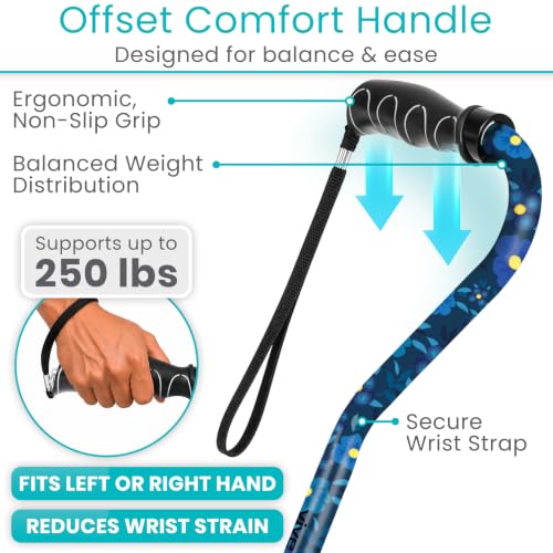 Vive Walking Cane for Women, Men, Elderly - Patented Offset Grip - Lightweight Adjustable Walking Aid with a Non-Slip Tip - Sturdy Balancing Mobility Aid for Seniors - color: Blue Floral