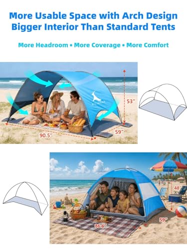 Beach Umbrella with UPF 50+ UV Protection, Portable Beach Tent Canopy with 360° Ventilation, 4 Sandbags, Wind Ropes & Stakes, Storage Pockets for Beach, Travel, Backyard (4)