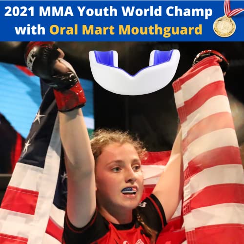 Oral Mart Youth Sports Mouth Guard for Kids (USA Flag, Fangs, 20+ Colors to Choose from) Mouthguard for Football, MMA, Karate, Boxing, Rugby, BJJ, Flag Football – /w Case (Youth, Strapless) - color: Blue