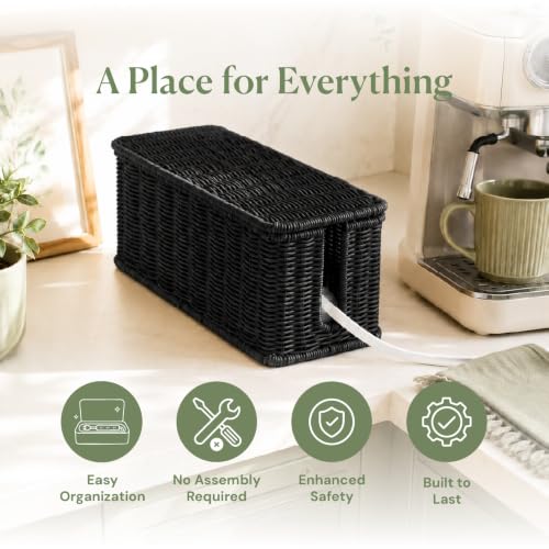 Cable Management Box, Handmade Rattan Cable Organizer with 2 Open Slots, Cord Hider for Power Strip, Router & USB Hub, Registered U.S. Design Patent (D1,112,102), 13" x 5.1" x 5.1", Black - color: Black, style: Rectangle