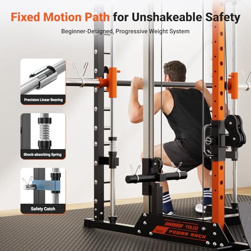 YOLEO Smith Machine & Squat Rack Combo, Multi-Functional Power Racks with Adjustable Width & Pull-Up Bar, Cable Crossover Power Cage, Independent Dual-Pulley System for Home Gym Garage Basement - style: 1800LB Multi-Functional Smith Machine