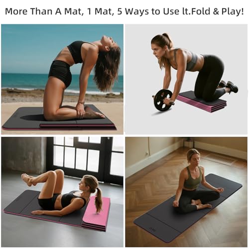LVME Foldable Yoga Mat, 71"x24"x1/3" Thick, Non Slip Exercise Mat | SGS Certified POE, Fitness Travel Mat, Easy To Store, Foldable for Exercise, Yoga, Pilates, Home Workouts - color: Obsidian Black+Crimson