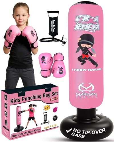 Marwan Sports Ninja Kids Punching Bag — Inflatable Sensory Toy & Birthday Gift for Boys & Girls Ages 4-12, 63" Freestanding 5-in-1 Kit, Indoor Apartment-Quiet Sensory-Friendly Active Play - color: Pink