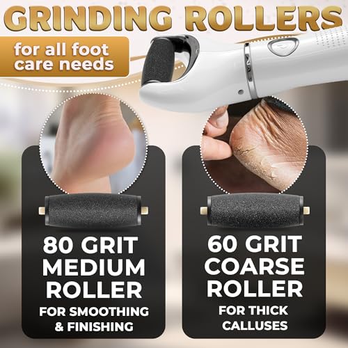 Electric Foot File Callus Remover for Feet, 3-Speed, 2 Rollers | Foot Scrubber Electric, 1800/2200/2800 RPM, 80 & 60 Grit Rollers & Cleaning Brush, LED Indicator for Cracked Heels & Dry Skin - color: White Callus Remover