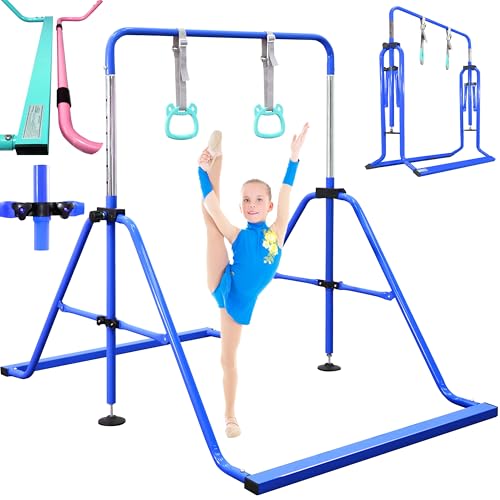 Folding Gymnastics Bar with Rings, Foldable Kip Bar with Sturdier Base, Training Bar for Kids Ages 3-10, Horizontal Bar, Home Gym Equipment for Boy Girl - color: Blue, style: Foldable Bar
